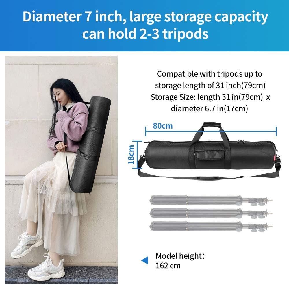 Tripod Carrying Case Bag 31.5X7X7In/80X18X18Cm Heavy Duty with Storage Bag and Shoulder Strap Padded Carrying Bag for Light Stands, Boom Stand, Tripod,Mic Stand and Tent Pole
