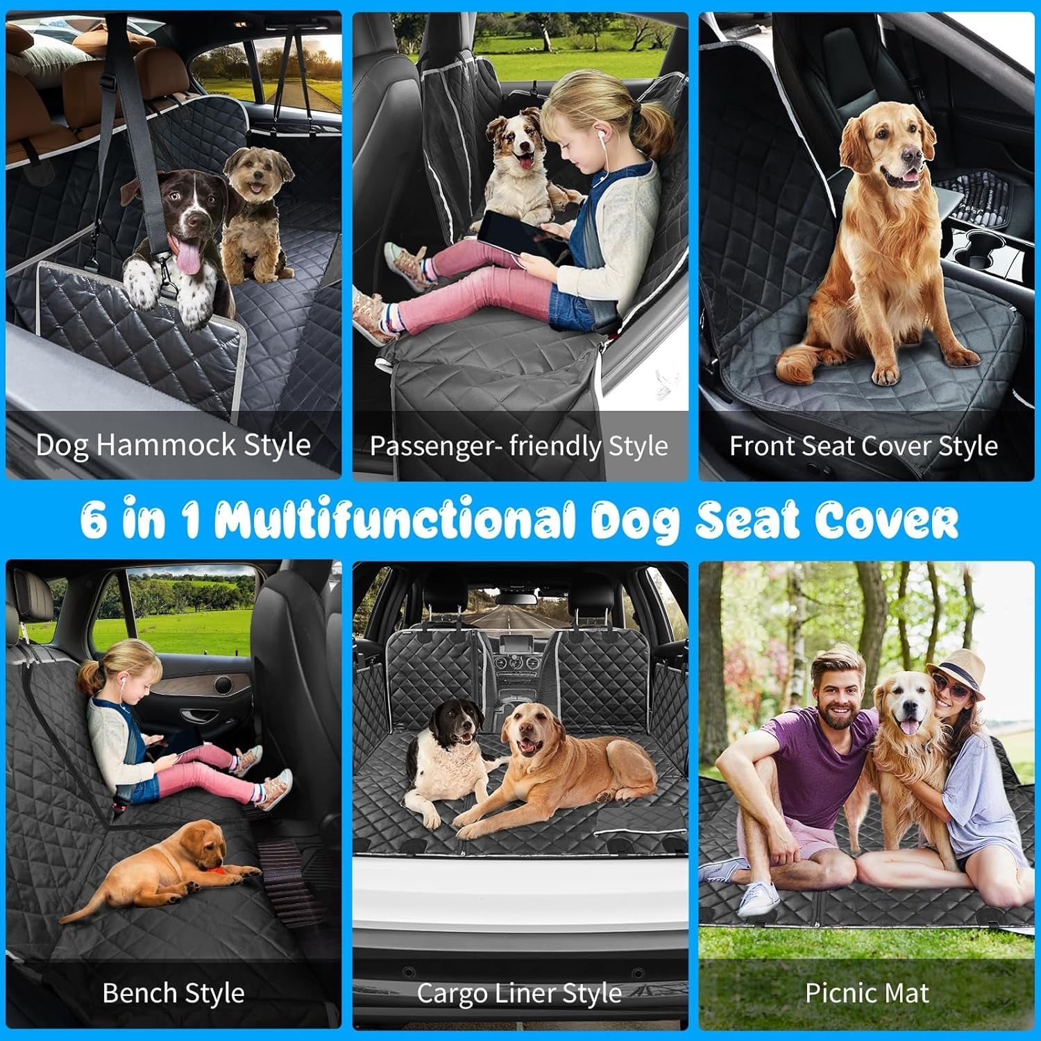 6-In-1 Dog Car Seat Cover for Back Seat, Waterproof Dog Car Hammock 40/60 Split Dog Seat Cover with Mesh Window and Side Flap Pets Car Seat Protector Dog Backseat Cover for Car, SUV, Truck