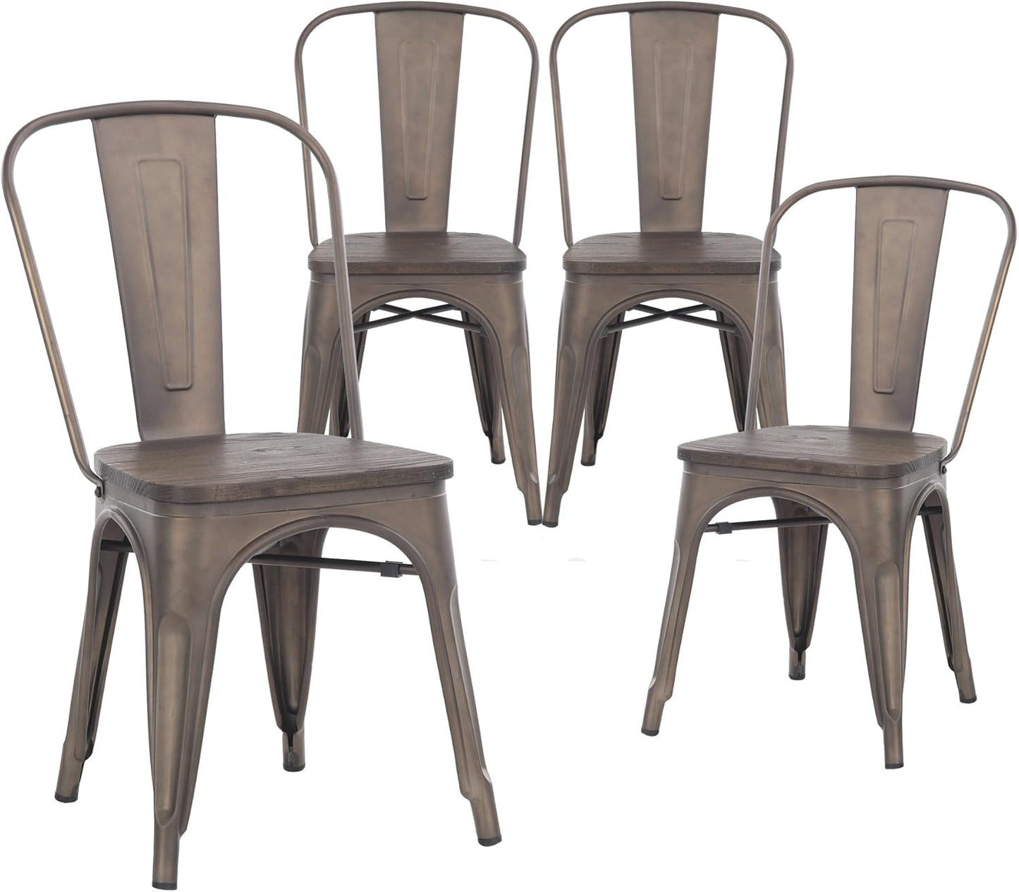 Metal Dining Chairs, Indoor/Outdoor and Stackable, Set of 4 (Bronze with Wooden Seat)