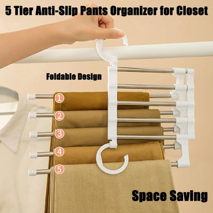 MaxiRack 5-in-1 Magic Trouser Rack – Stainless Steel Folding Pant & Tie Organizer for Closet & Wardrobe Storage