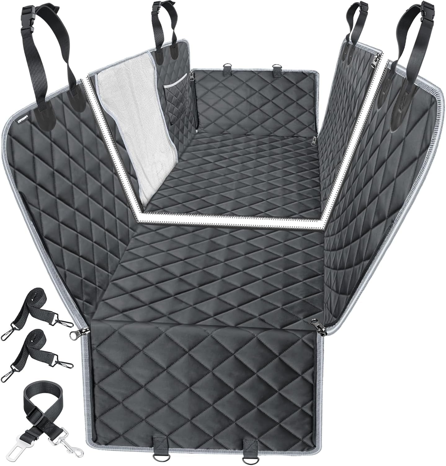 6-In-1 Dog Car Seat Cover for Back Seat, Waterproof Dog Car Hammock 40/60 Split Dog Seat Cover with Mesh Window and Side Flap Pets Car Seat Protector Dog Backseat Cover for Car, SUV, Truck