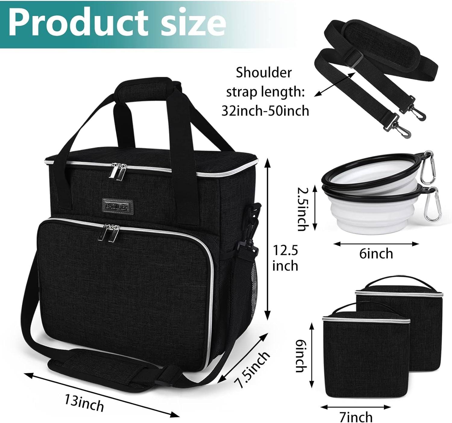 Dog Travel Bag, Pet Travel Bag（All Pet Travel Supplies）, with 2 Pet Food Containers and 2 Collapsible Silicone Bowls; Essential Kits for Pet Travel Black