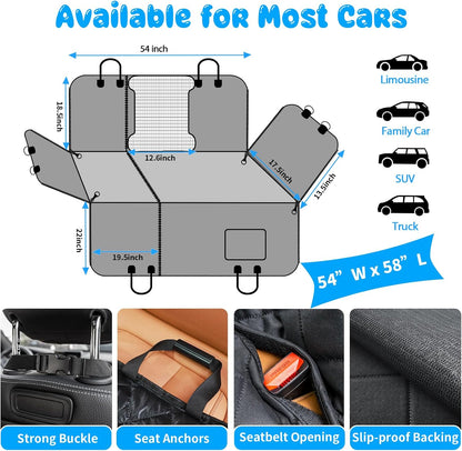 6-In-1 Dog Car Seat Cover for Back Seat, Waterproof Dog Car Hammock 40/60 Split Dog Seat Cover with Mesh Window and Side Flap Pets Car Seat Protector Dog Backseat Cover for Car, SUV, Truck