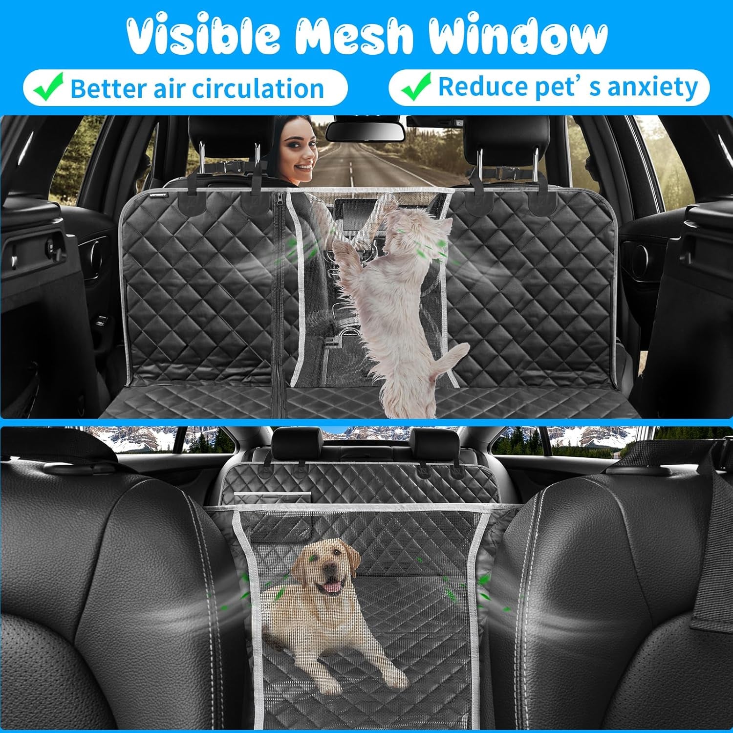 6-In-1 Dog Car Seat Cover for Back Seat, Waterproof Dog Car Hammock 40/60 Split Dog Seat Cover with Mesh Window and Side Flap Pets Car Seat Protector Dog Backseat Cover for Car, SUV, Truck
